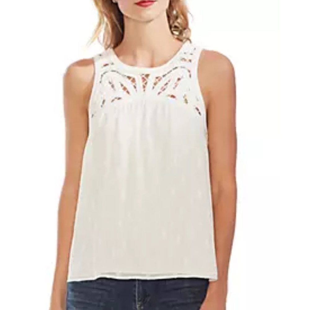 Vince Camuto Size XS Cream Ivory Flowy Tank with Crochet Sleeveless Blouse EUC